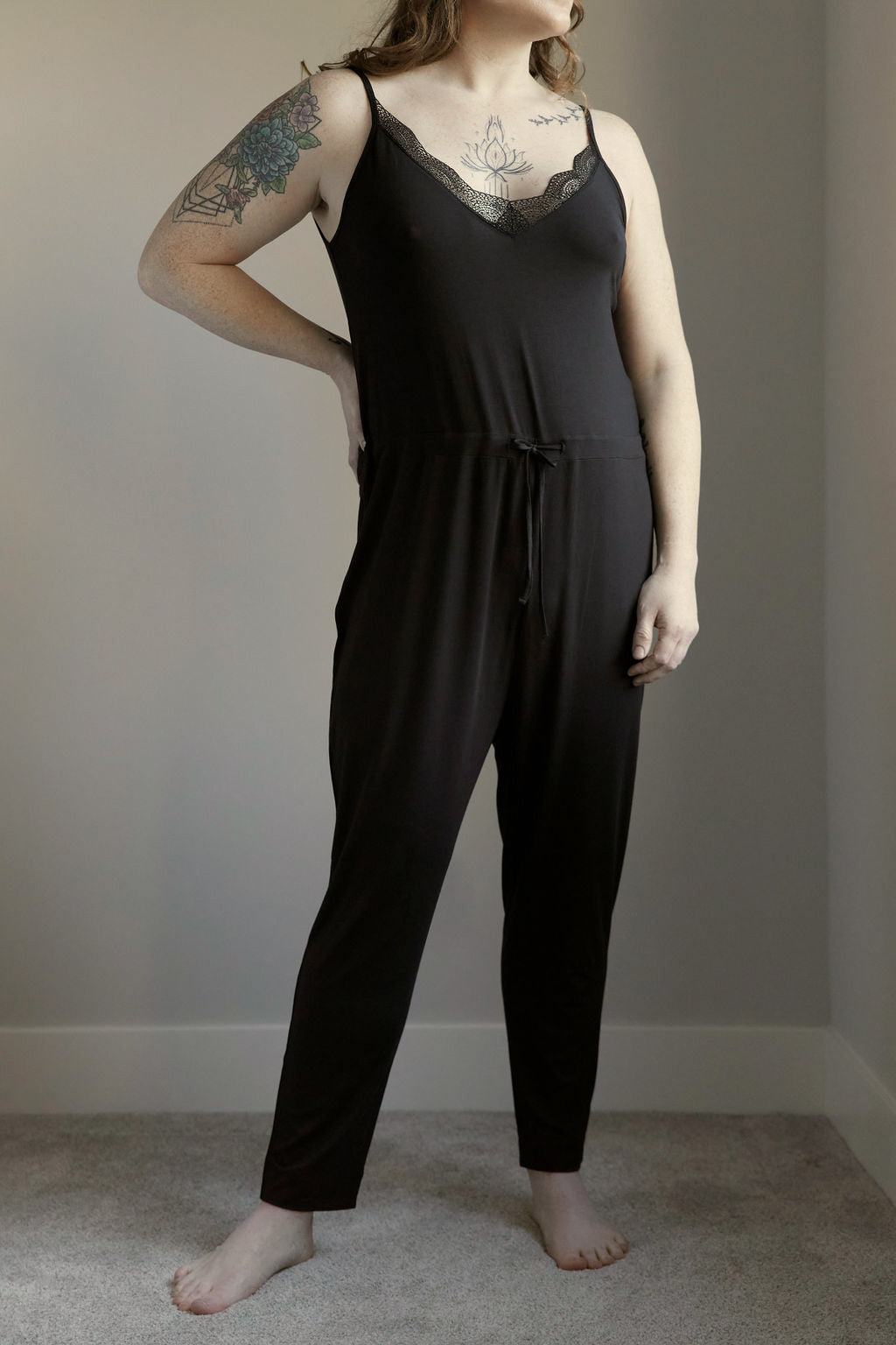 modal blend drop crotch tapered leg jumper jumpsuit lace pj pajama non-binary lgbt unisex lightweight soft drawstring
