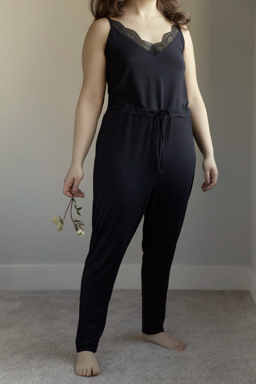 modal blend drop crotch tapered leg jumper jumpsuit lace pj pajama non-binary lgbt unisex lightweight soft drawstring
