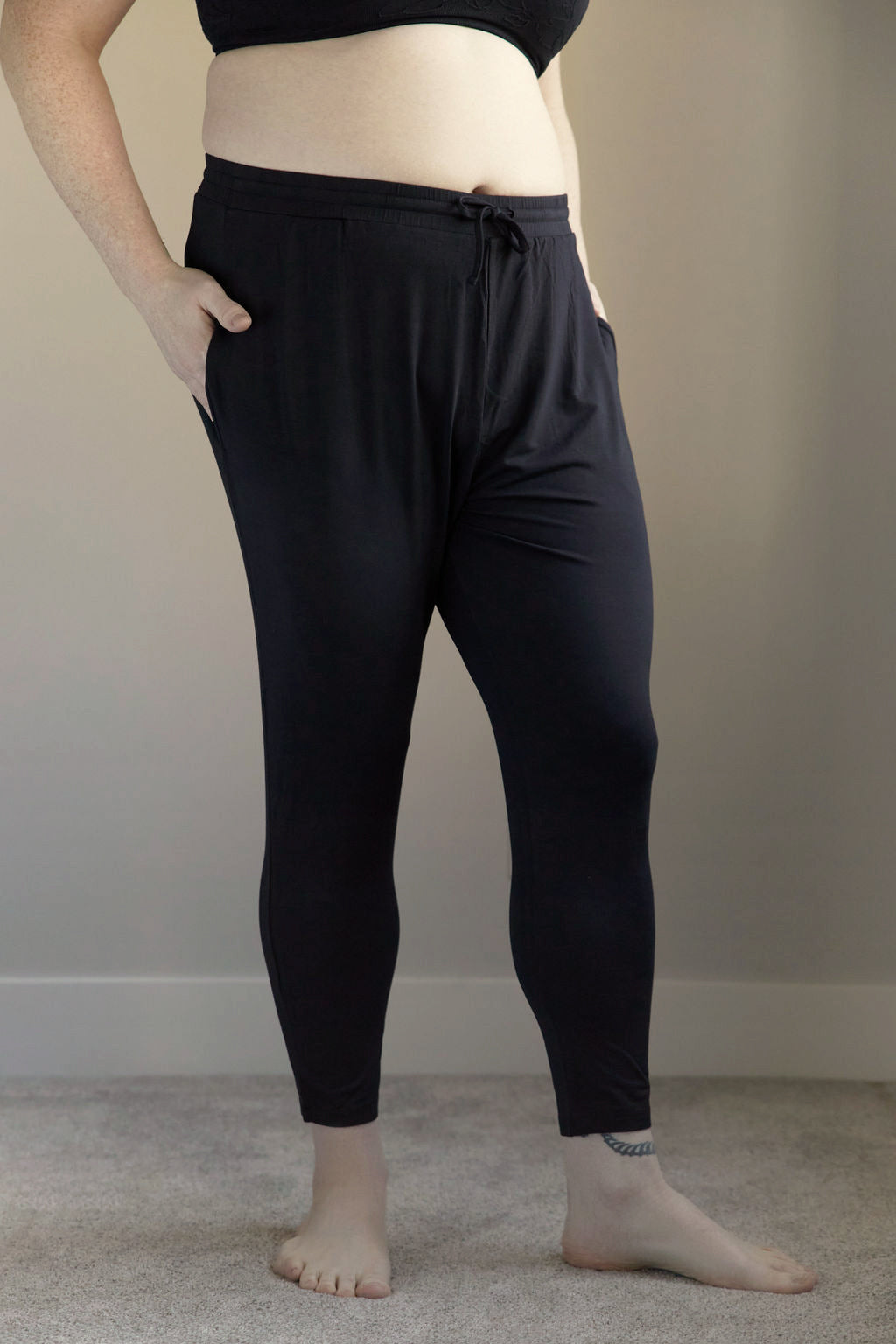 modal blend drop crotch tapered leg jogger non-binary lgbt unisex lightweight soft drawstring deep pockets