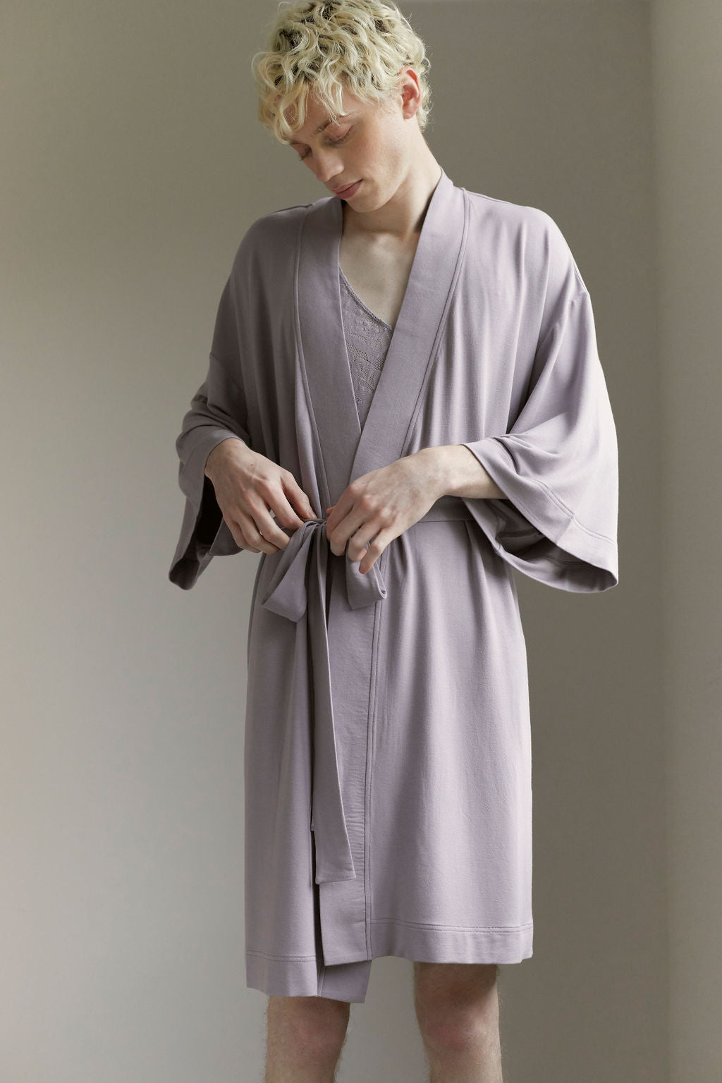 cozy and comfortable unisex robe, soft modal kimono style in solid purple color, with big pockets and waistband tie