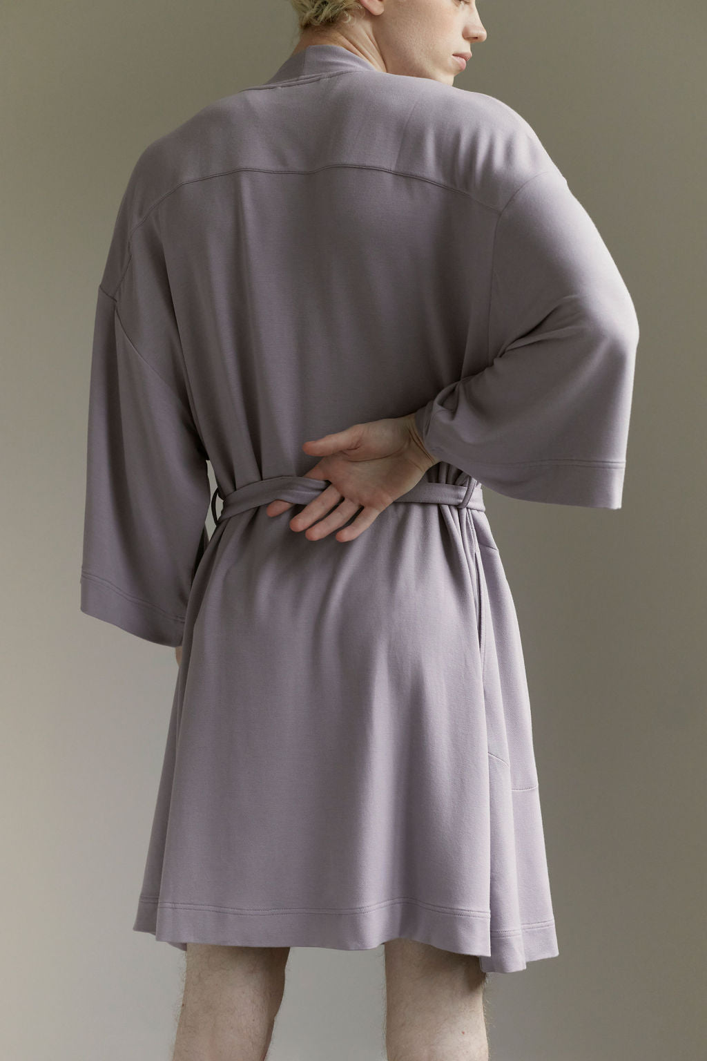 cozy and comfortable unisex robe, soft modal kimono style in solid purple color, with big pockets and waistband tie