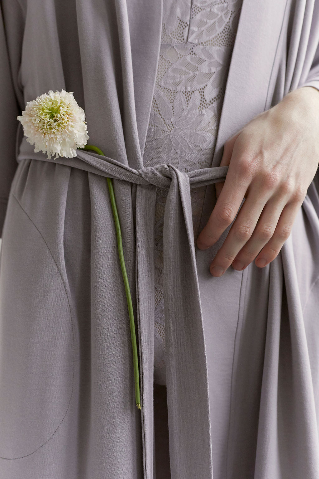 cozy and comfortable unisex robe, soft modal kimono style in solid purple color, with big pockets and waistband tie