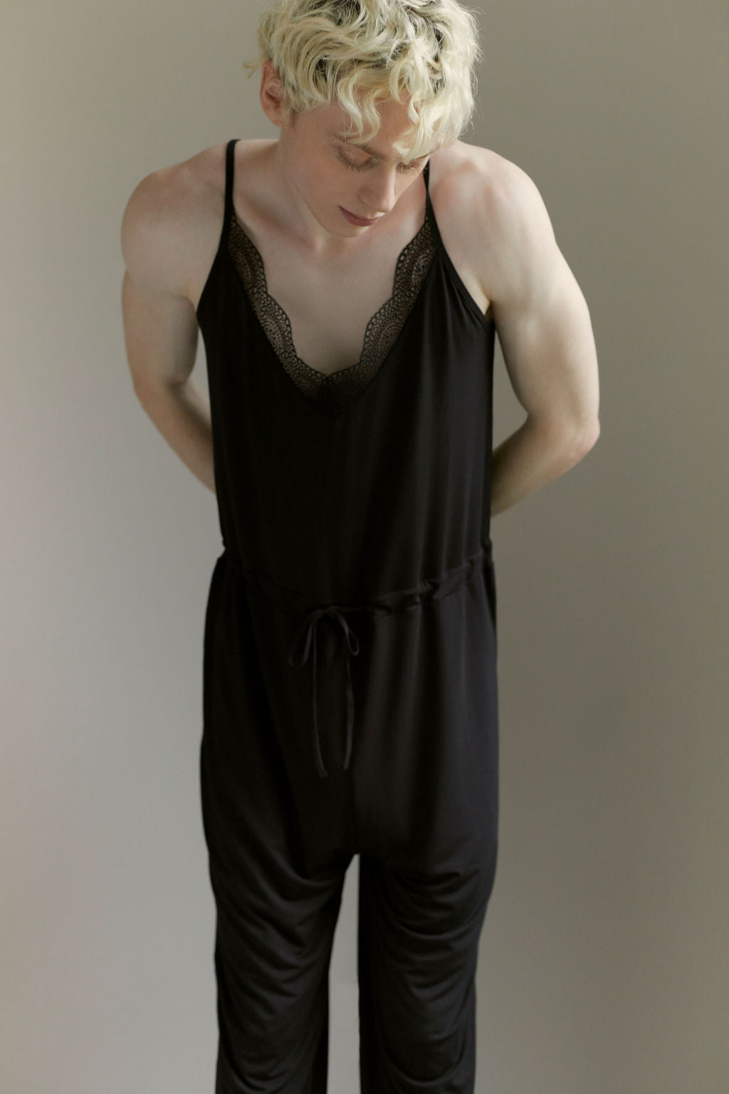 modal blend drop crotch tapered leg jumper jumpsuit lace pj pajama non-binary lgbt unisex lightweight soft drawstring