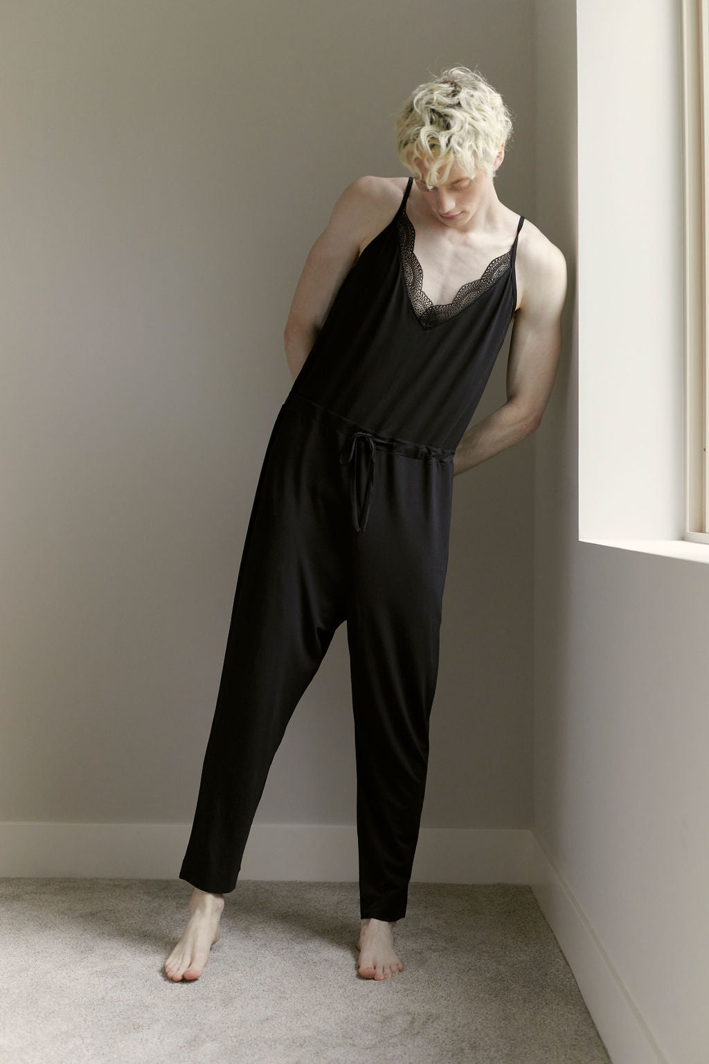 modal blend drop crotch tapered leg jumper jumpsuit lace pj pajama non-binary lgbt unisex lightweight soft drawstring