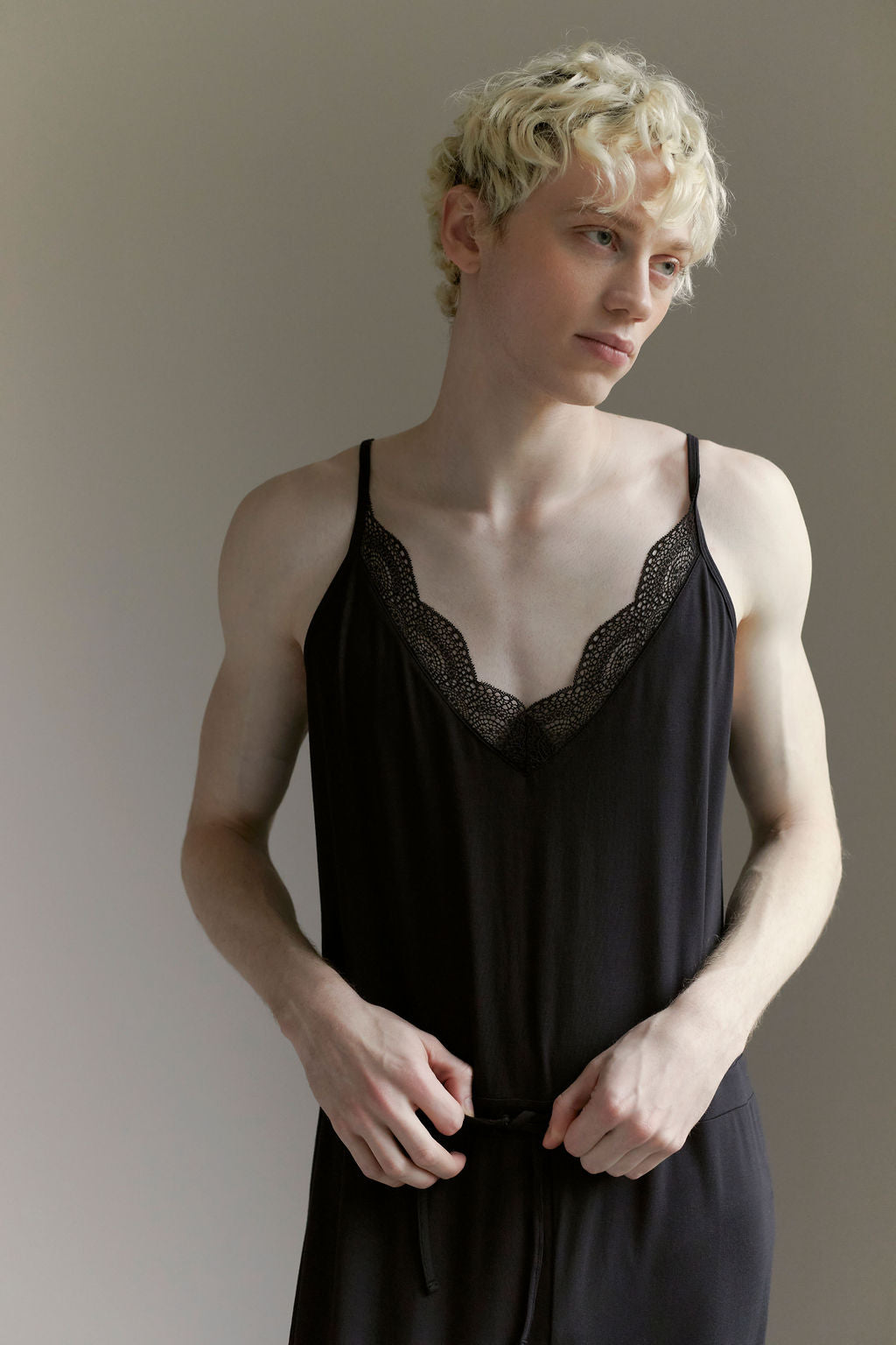 modal blend drop crotch tapered leg jumper jumpsuit lace pj pajama non-binary lgbt unisex lightweight soft drawstring