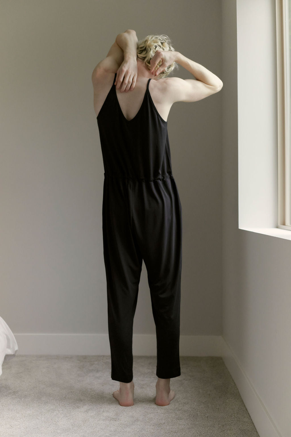modal blend drop crotch tapered leg jumper jumpsuit lace pj pajama non-binary lgbt unisex lightweight soft drawstring