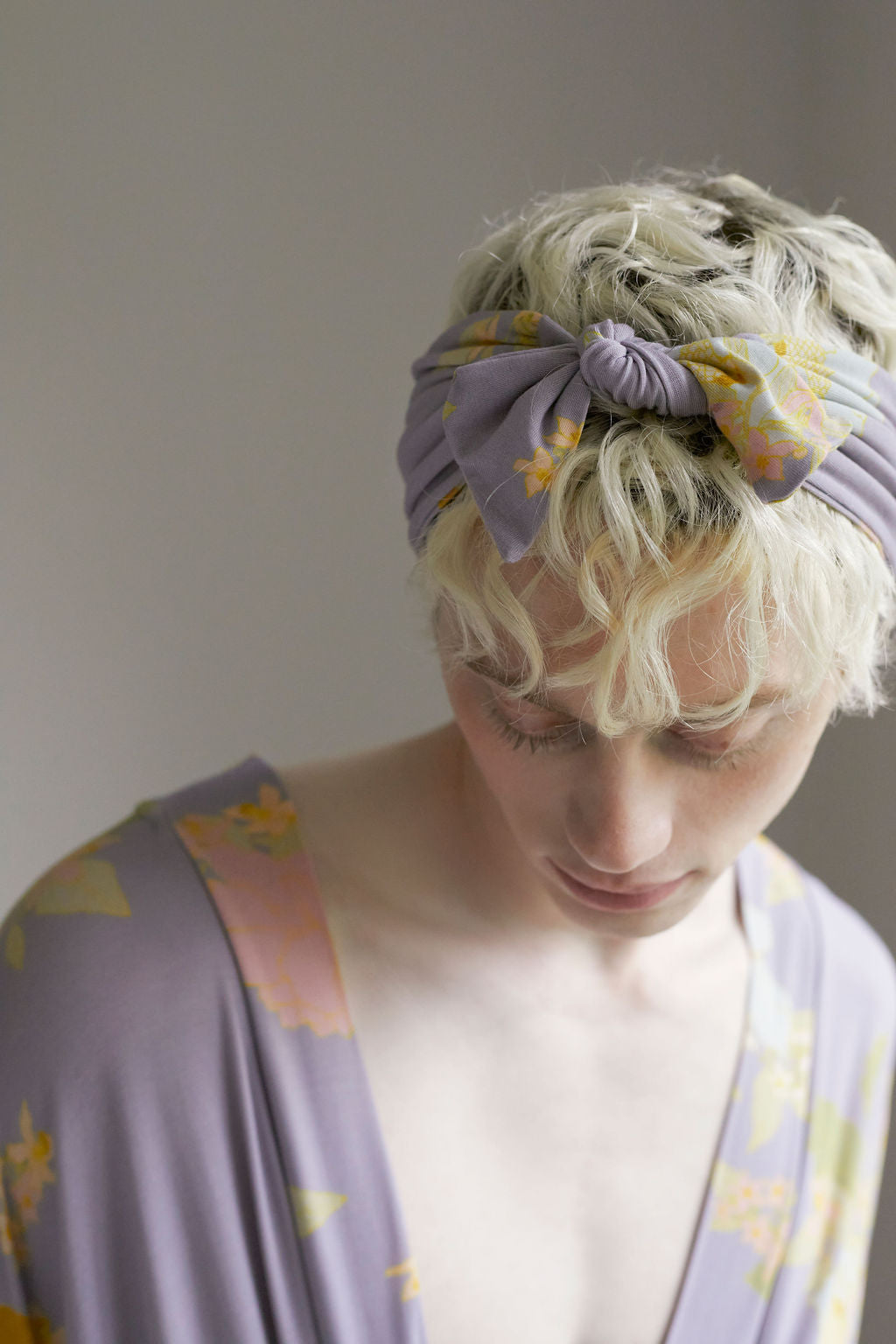 adjustable tie headband with custom print in a soft bamboo blend fabric, for self-care routines