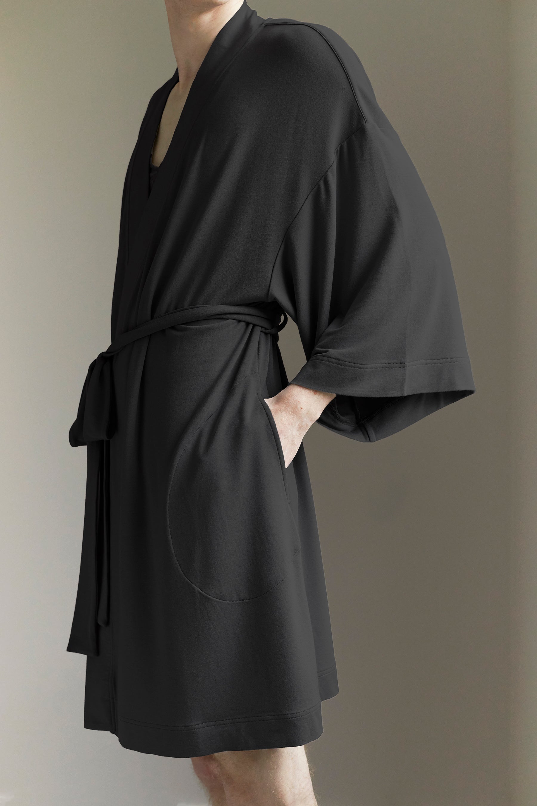 unisex, soft modal blend kimono style robe, solid black, comfortable with big pockets and waistband tie