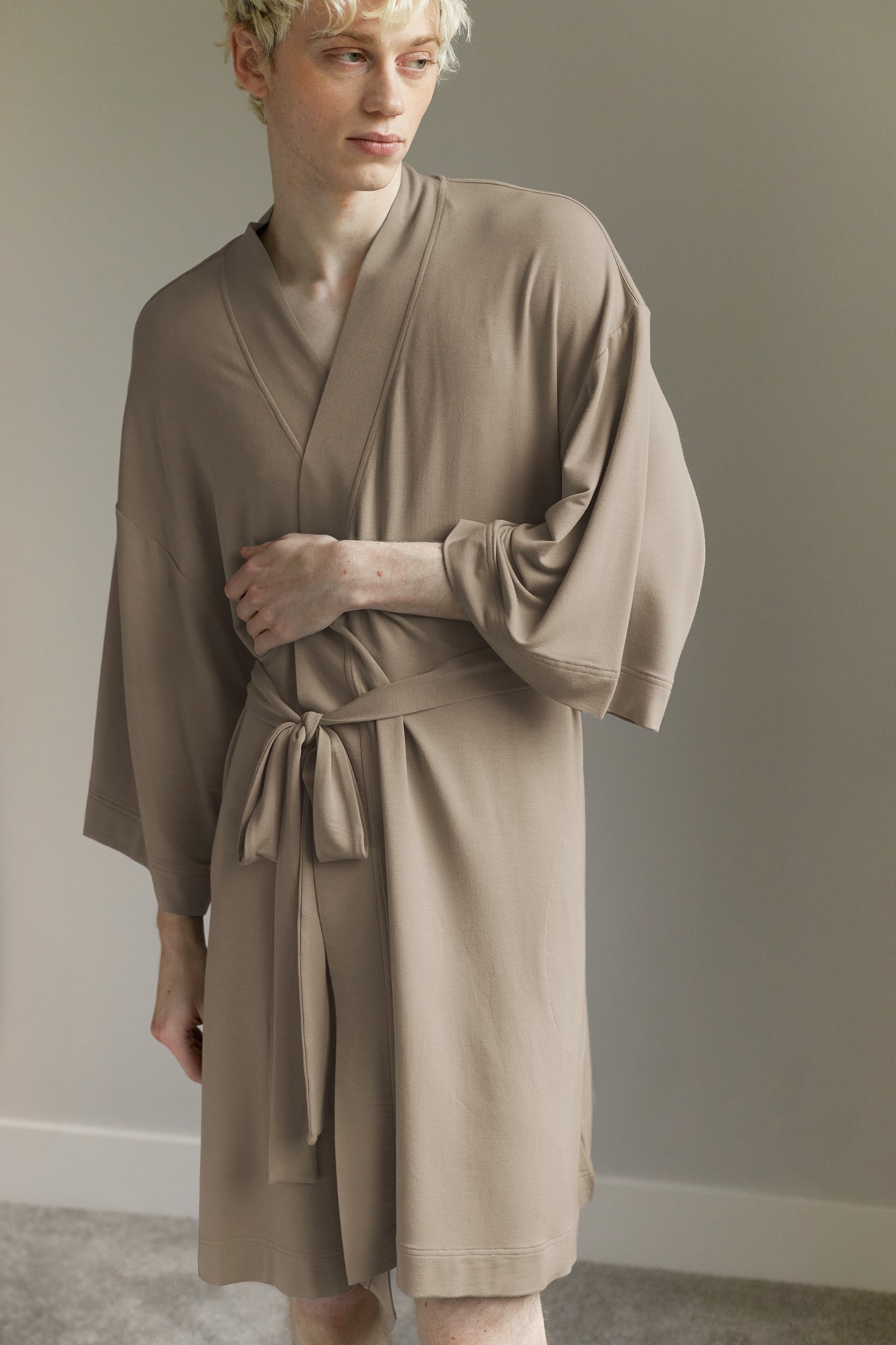 unisex, soft modal blend kimono style robe, solid taupe color, cozy with big pockets and waistband tie