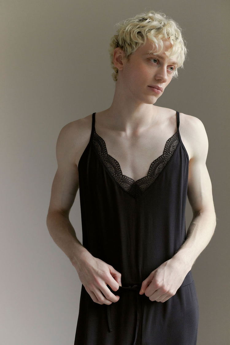 modal blend drop crotch tapered leg jumper jumpsuit lace pj pajama non-binary lgbt unisex lightweight soft drawstring